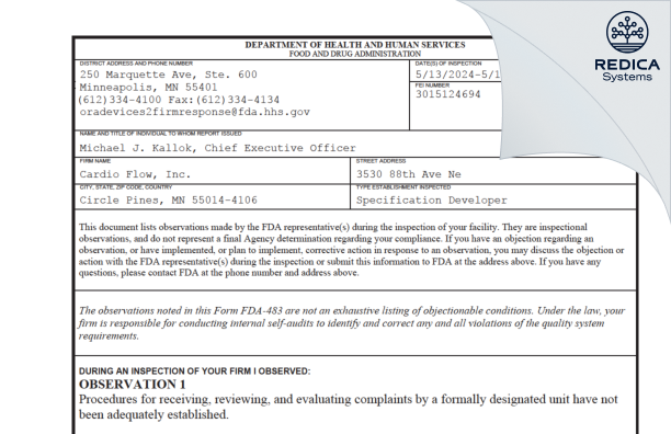 FDA 483 - Cardio Flow, Inc. [Circle Pines / United States of America] - Download PDF - Redica Systems