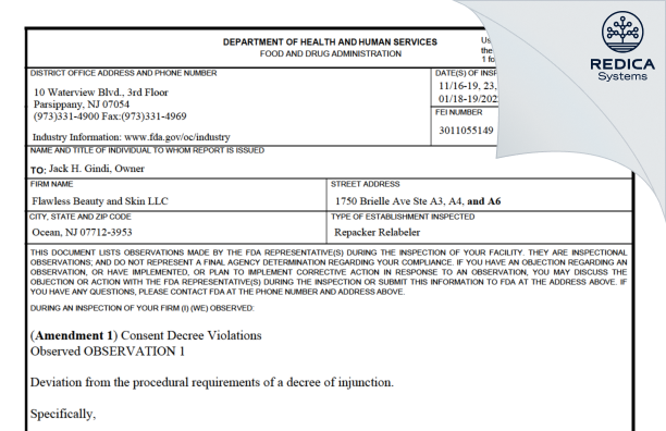 FDA 483 - Flawless Beauty and Skin [Ocean / United States of America] - Download PDF - Redica Systems