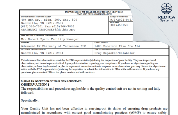 FDA 483 - Advanced Rx Pharmacy of Tennessee, LLC [Nashville / United States of America] - Download PDF - Redica Systems