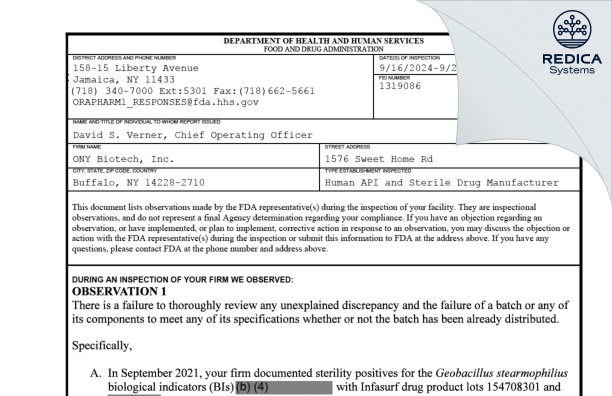 FDA 483 - ONY Biotech Inc. [Buffalo / United States of America] - Download PDF - Redica Systems