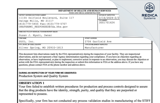 FDA 483 - Suco Inc [Silver Spring / United States of America] - Download PDF - Redica Systems