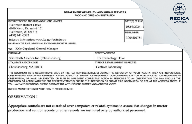 FDA 483 - SGS North America Inc. [Christiansburg / United States of America] - Download PDF - Redica Systems