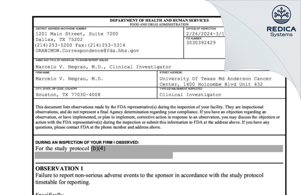 FDA 483 - Marcelo V. Negrao, M.D. [Houston / United States of America] - Download PDF - Redica Systems