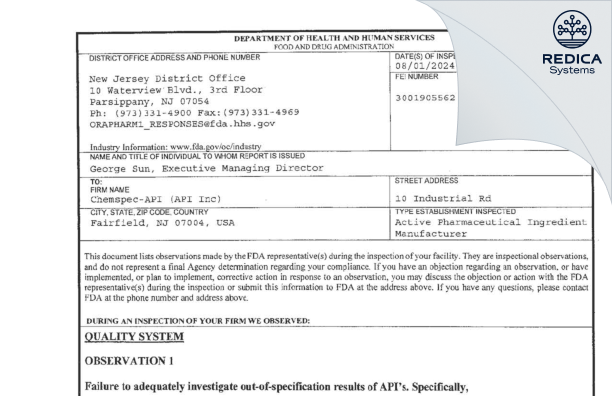 FDA 483 - API, Inc. [Fairfield / United States of America] - Download PDF - Redica Systems