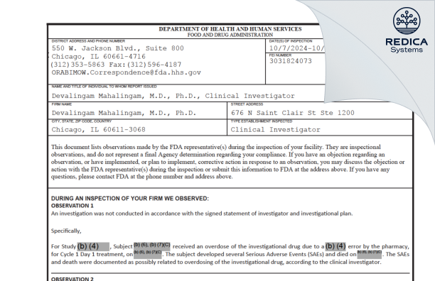 FDA 483 - Devalingam Mahalingam, M.D., Ph.D. [Chicago / United States of America] - Download PDF - Redica Systems