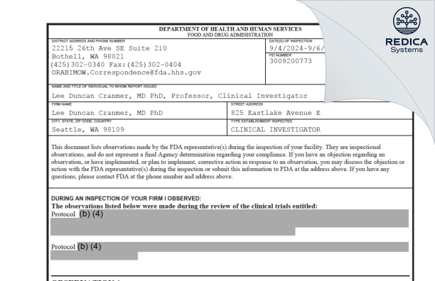 FDA 483 - Lee Cranmer [Tucson / United States of America] - Download PDF - Redica Systems