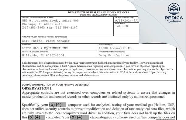 FDA 483 - Linde Gas & Equipment Inc. [Hillside / United States of America] - Download PDF - Redica Systems