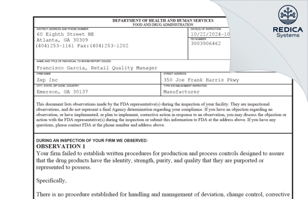 FDA 483 - Zep Inc. [Cartersville / United States of America] - Download PDF - Redica Systems