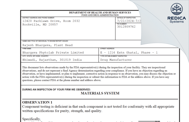 FDA 483 - Bhargava Phytolab Private Limited [Bhiwadi / India] - Download PDF - Redica Systems