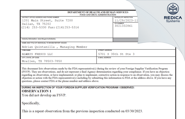 FDA 483 - ALWAYS FRESCO LLC [Mcallen / United States of America] - Download PDF - Redica Systems