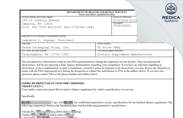 FDA 483 - Brand Packaging Group, Inc. [Farmingdale / United States of America] - Download PDF - Redica Systems