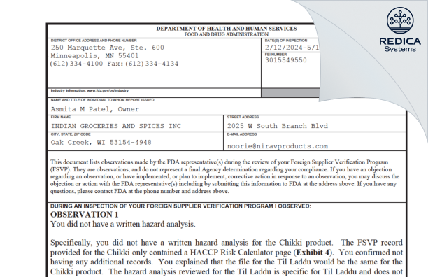 FDA 483 - INDIAN GROCERIES AND SPICES INC [Oak Creek / United States of America] - Download PDF - Redica Systems