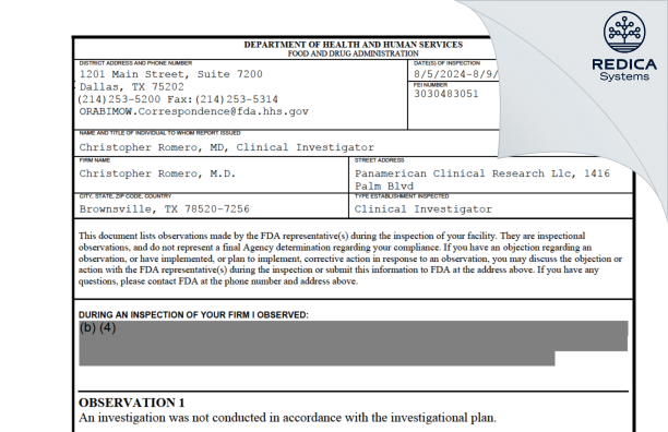 FDA 483 - Christopher Romero, M.D. [Brownsville / United States of America] - Download PDF - Redica Systems