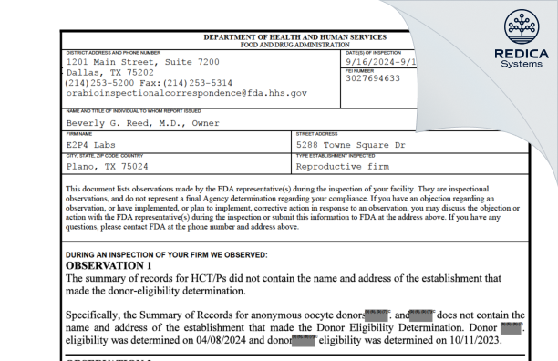 FDA 483 - E2P4 Labs [Plano / United States of America] - Download PDF - Redica Systems