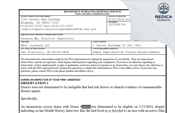 FDA 483 - Nest Cryobank LLC [San Francisco / United States of America] - Download PDF - Redica Systems