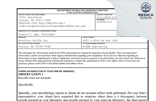 FDA 483 - Eurofins CellTx Inc [Tucson / United States of America] - Download PDF - Redica Systems