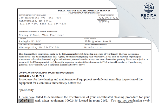 FDA 483 - Padagis US LLC [Minneapolis / United States of America] - Download PDF - Redica Systems