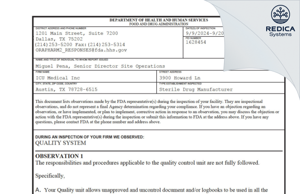 FDA 483 - ICU Medical INC. [Austin / United States of America] - Download PDF - Redica Systems