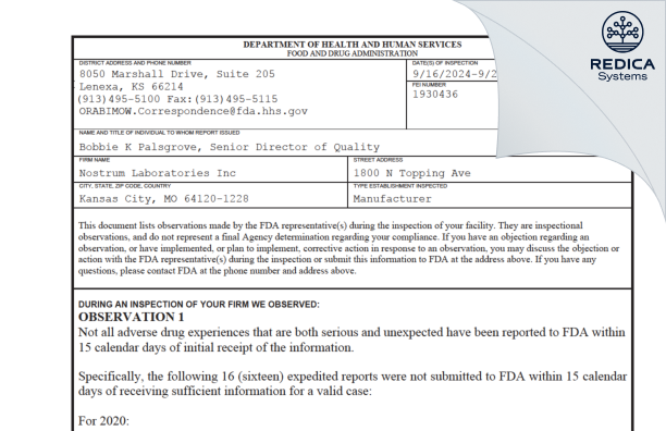 FDA 483 - Nostrum Laboratories, Inc. [Kansas City / United States of America] - Download PDF - Redica Systems