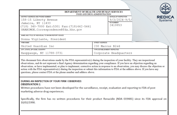 FDA 483 - United-Guardian, Inc. [Hauppauge / United States of America] - Download PDF - Redica Systems