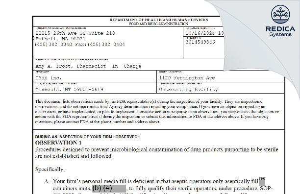 FDA 483 - OSRX Inc. [Missoula / United States of America] - Download PDF - Redica Systems