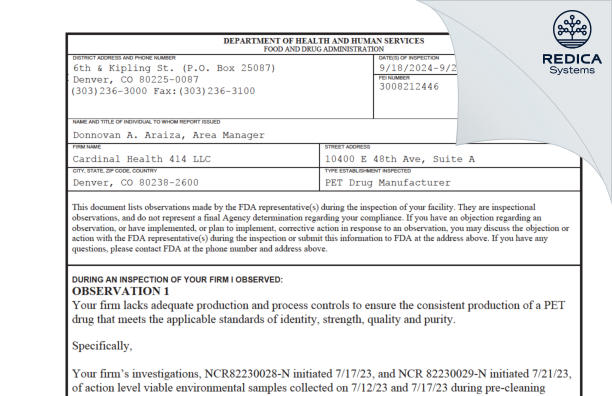 FDA 483 - Cardinal Health 414, LLC [Denver / United States of America] - Download PDF - Redica Systems