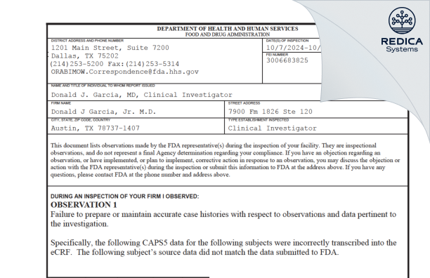 FDA 483 - Donald J Garcia, Jr. M.D. [Austin / United States of America] - Download PDF - Redica Systems