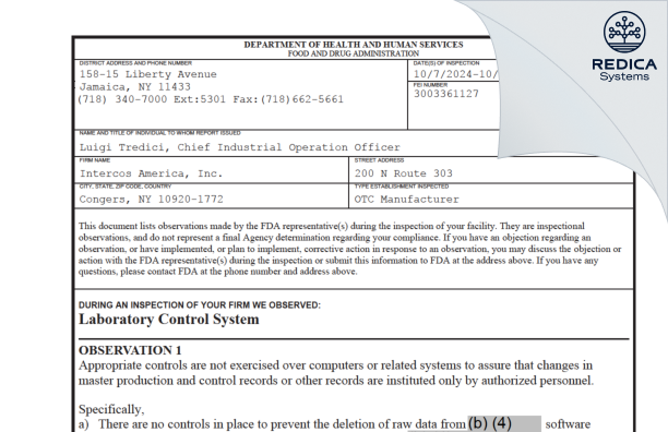 FDA 483 - Intercos America, Inc. [Congers / United States of America] - Download PDF - Redica Systems