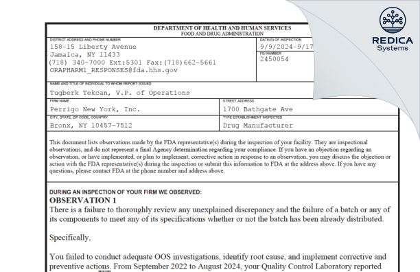 FDA 483 - Perrigo New York, Inc. [Bronx / United States of America] - Download PDF - Redica Systems