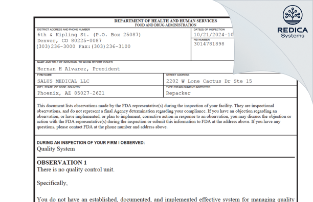 FDA 483 - SALUS MEDICAL LLC [Phoenix / United States of America] - Download PDF - Redica Systems