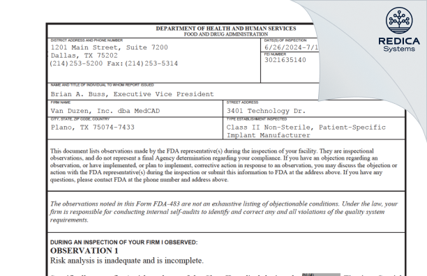 FDA 483 - MedCAD [Plano / United States of America] - Download PDF - Redica Systems