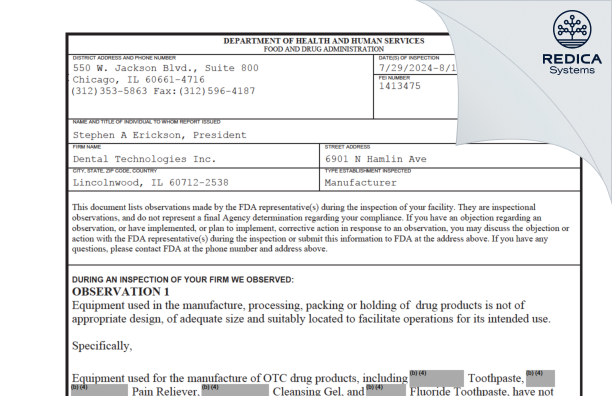 FDA 483 - DENTAL TECHNOLOGIES, INC. [Lincolnwood / United States of America] - Download PDF - Redica Systems