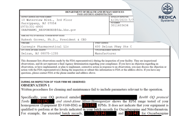 FDA 483 - Carnegie Pharmaceuticals, LLC [Delran / United States of America] - Download PDF - Redica Systems