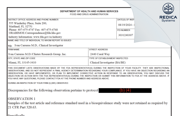 FDA 483 - Ivan Carreras, M.D. [Miami / United States of America] - Download PDF - Redica Systems