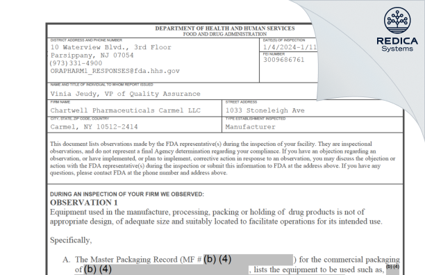 FDA 483 - Chartwell Pharmaceuticals Carmel, LLC [Carmel / United States of America] - Download PDF - Redica Systems