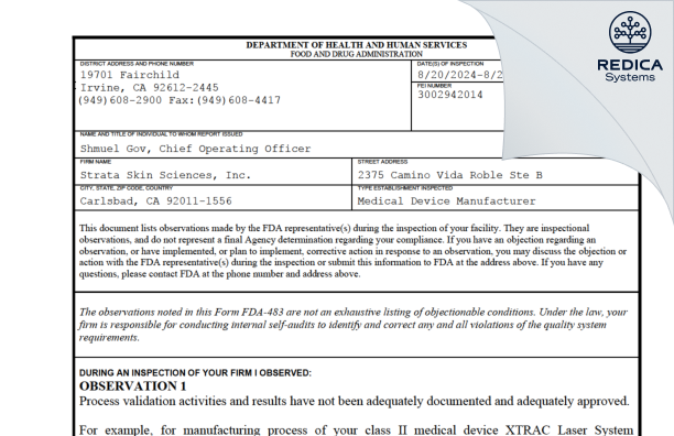 FDA 483 - Strata Skin Sciences, Inc. [Carlsbad / United States of America] - Download PDF - Redica Systems