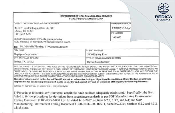 FDA 483 - Repligen Corporation [Irving / United States of America] - Download PDF - Redica Systems