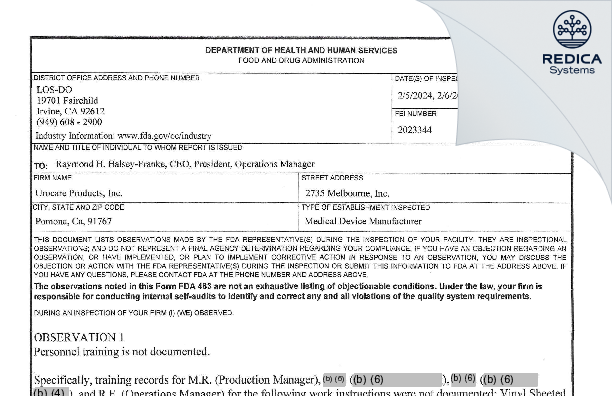 FDA 483 - Urocare Products, Inc. [Pomona / United States of America] - Download PDF - Redica Systems