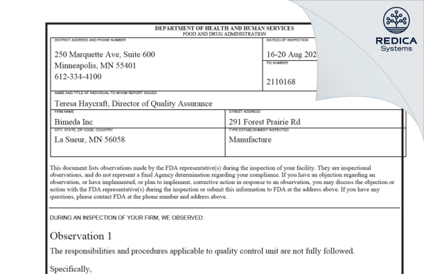 FDA 483 - Bimeda, Inc. [Le Sueur / United States of America] - Download PDF - Redica Systems