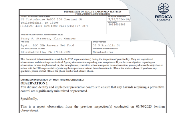 FDA 483 - Lystn, LLC DBA Answers Pet Food [Elizabethville / United States of America] - Download PDF - Redica Systems