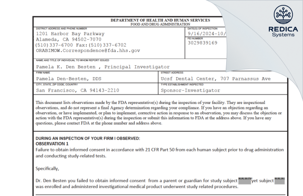 FDA 483 - Pamela Den-Besten, DDS [San Francisco / United States of America] - Download PDF - Redica Systems