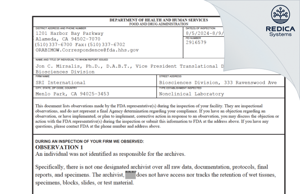 FDA 483 - SRI International [Menlo Park / United States of America] - Download PDF - Redica Systems