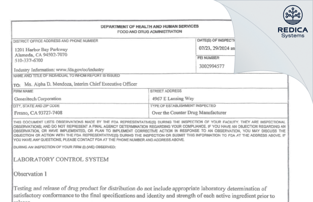 FDA 483 - Generitech Corporation [Fresno / United States of America] - Download PDF - Redica Systems