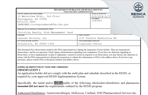 FDA 483 - Janssen Pharmaceuticals, Inc. [Titusville / United States of America] - Download PDF - Redica Systems