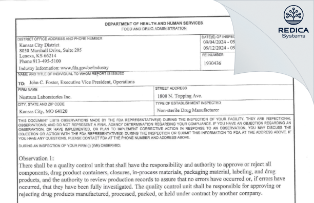 FDA 483 - Nostrum Laboratories, Inc. [Kansas City / United States of America] - Download PDF - Redica Systems