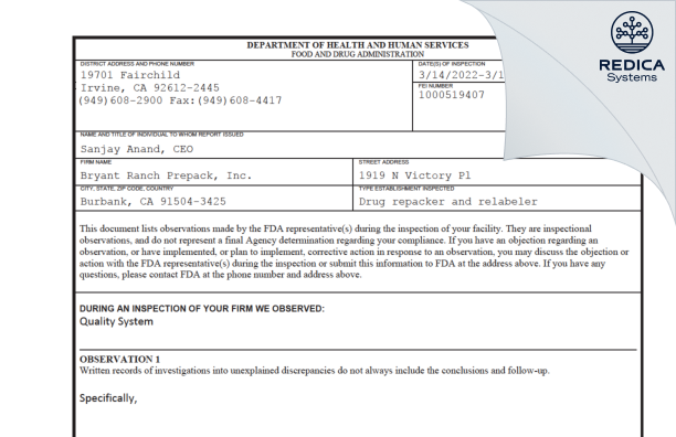 FDA 483 - Bryant Ranch Prepack [Burbank / United States of America] - Download PDF - Redica Systems