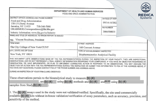 FDA 483 - The City College of New York/CUNY [New York / United States of America] - Download PDF - Redica Systems