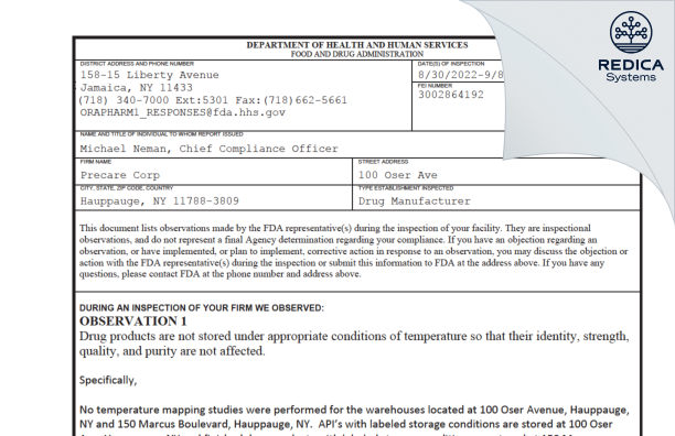 FDA 483 - Precare Corp [Hauppauge / United States of America] - Download PDF - Redica Systems