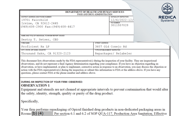 FDA 483 - Proficient Rx LP [Newbury Park / United States of America] - Download PDF - Redica Systems