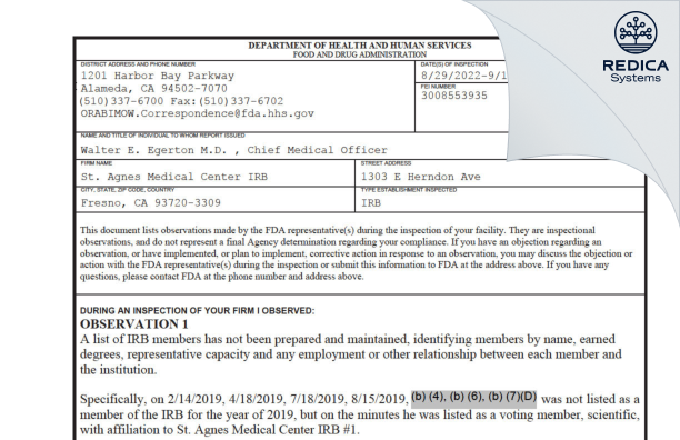 FDA 483 - St. Agnes Medical Center IRB [Fresno / United States of America] - Download PDF - Redica Systems